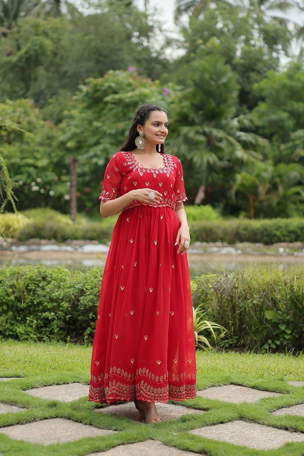 Joban Fashion Red Georgette Sequence Embroidery Work Gown | Grocsy