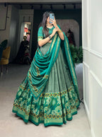 Vastranavya Floral Print With Foil Print Tussar Silk Lehenga with Unstitched Blouse - Sea Green | Grocsy