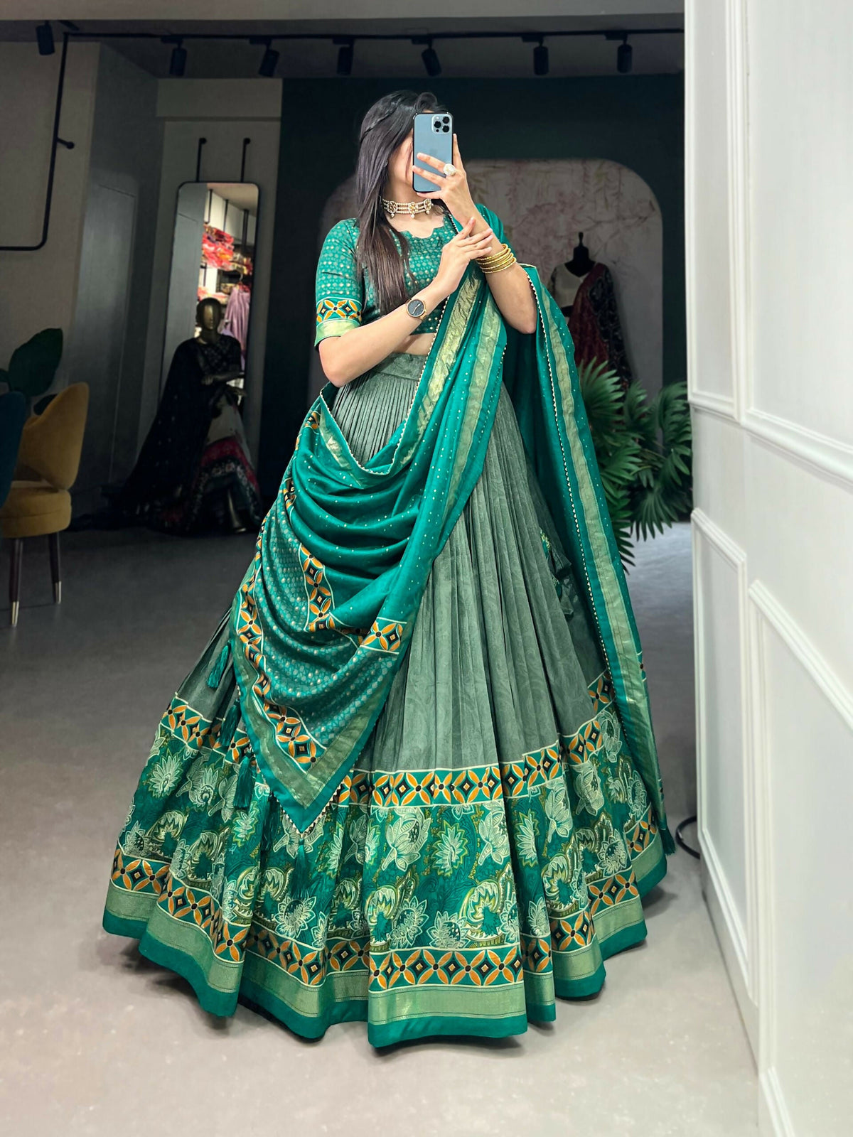 Vastranavya Floral Print With Foil Print Tussar Silk Lehenga with Unstitched Blouse - Sea Green | Grocsy