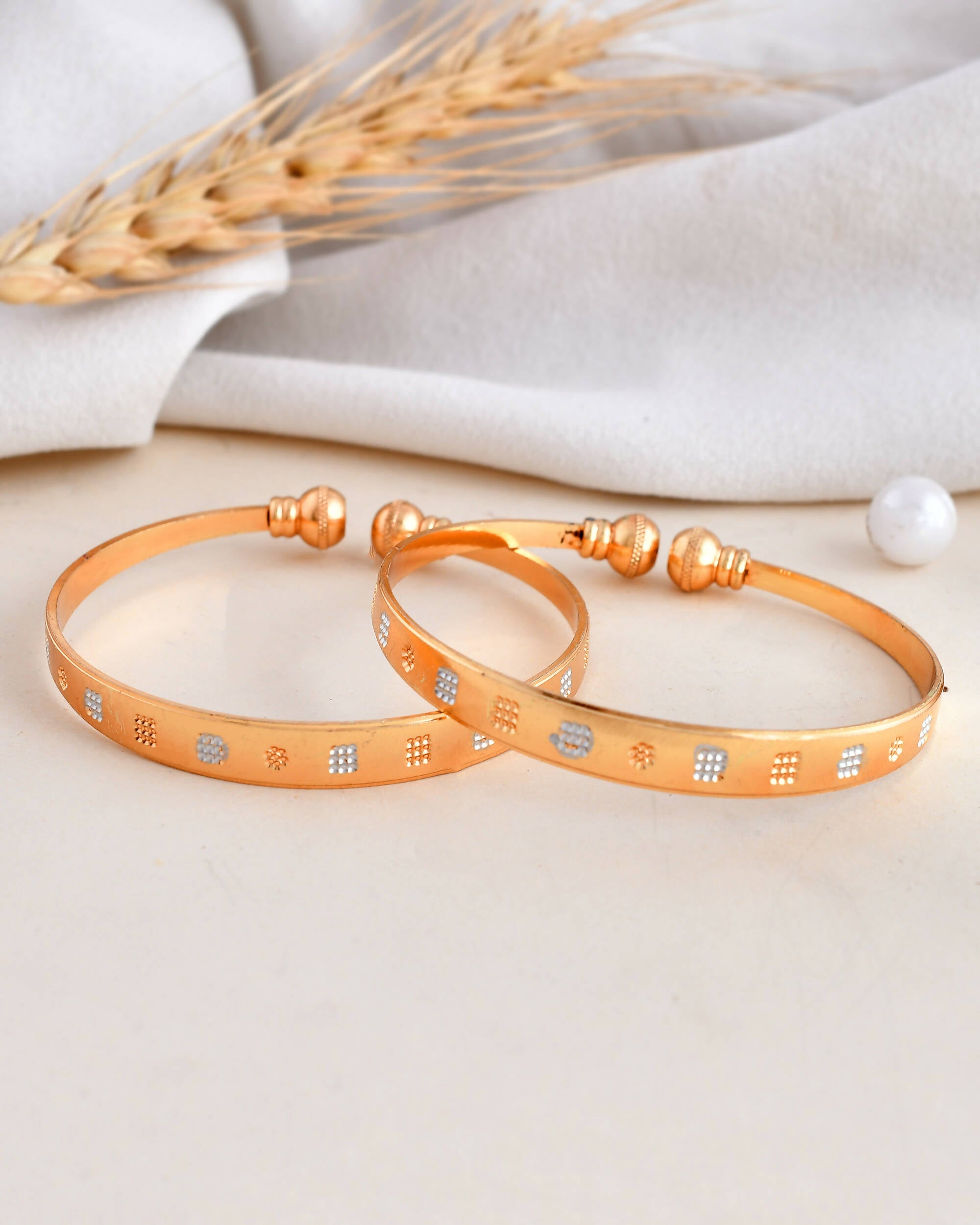 VOJ Stainless Steel Beads Gold-Polished Bangle Set (Pack of 2) | Grocsy