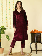 Myshka Women's Magenta Velvet Kurta With Trousers Party Sets | Grocsy