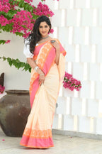 Beatitude Cream Cotton Paisley Border Tangail Handloom Saree | Grocsy