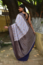 Joban Fashion Pastel Blue Crepe Chiffon Pure Handloom Banarasi Silk Saree | Grocsy
