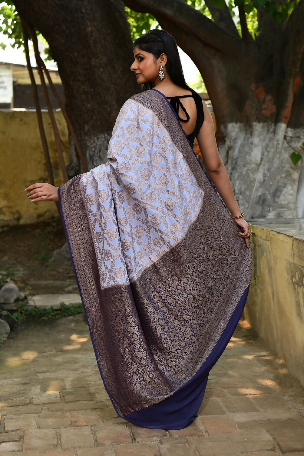 Joban Fashion Pastel Blue Crepe Chiffon Pure Handloom Banarasi Silk Saree | Grocsy