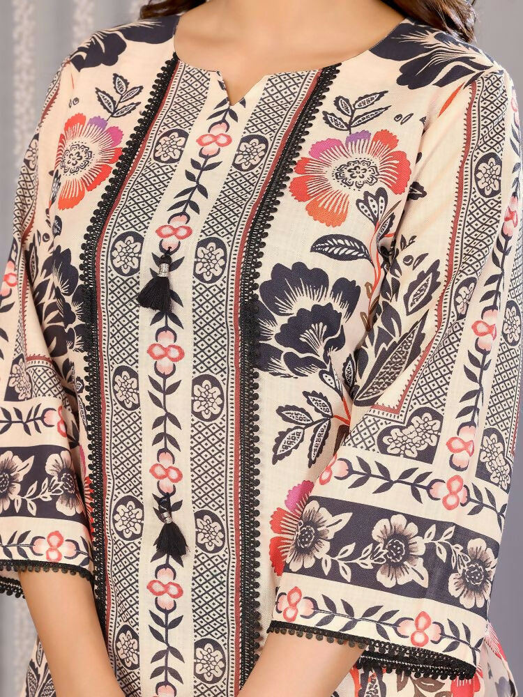 Joban Fashion Women Cream Linen Printed Stitched Kurta Set | Grocsy