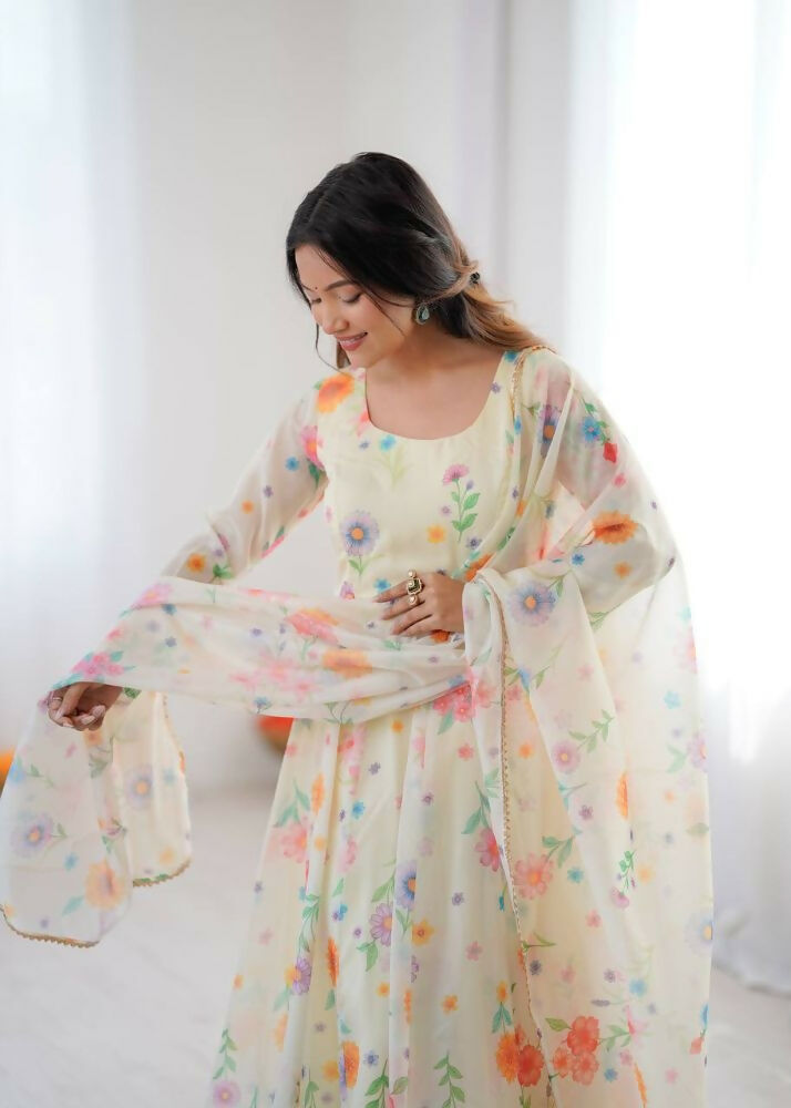 Teeya Creation Off White Soft Organza Digital Printed Party Wear Long Gown | Grocsy