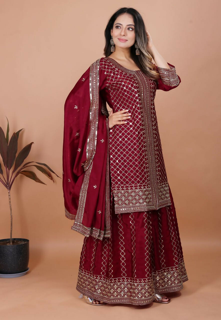 Teeya Creation Maroon Color Chinon Silk Embroidery Work Palazzo Set | Grocsy