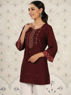 Maroon Chinon Embroidered Straight Top - Zeny | Grocsy