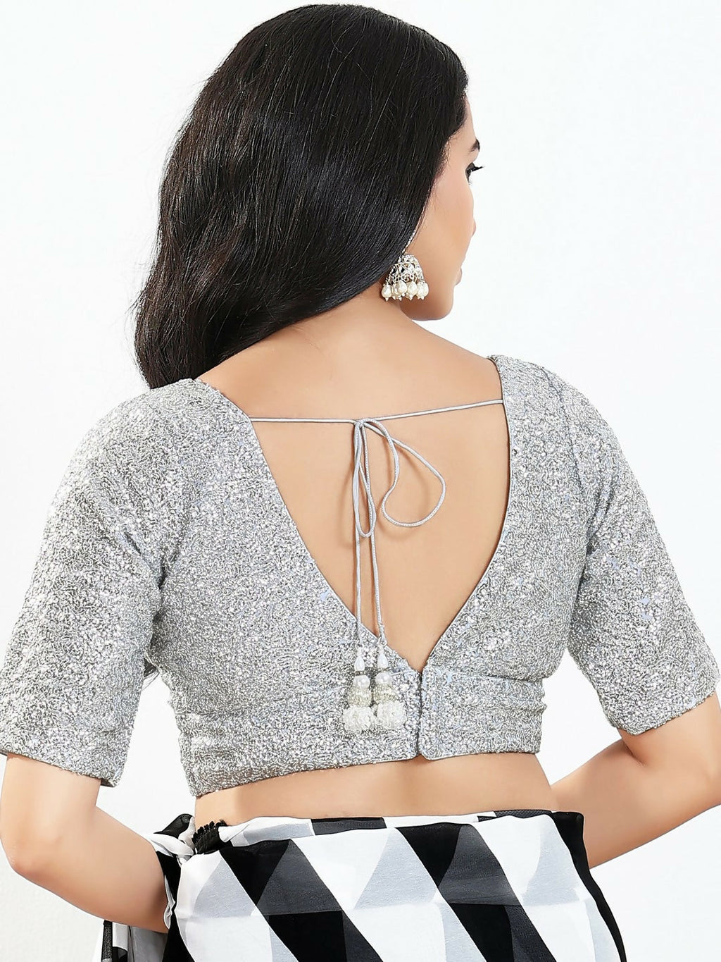 Joban Fashion Silver Silk Padded Blouse With V Neck Elbow Sleeves | Grocsy