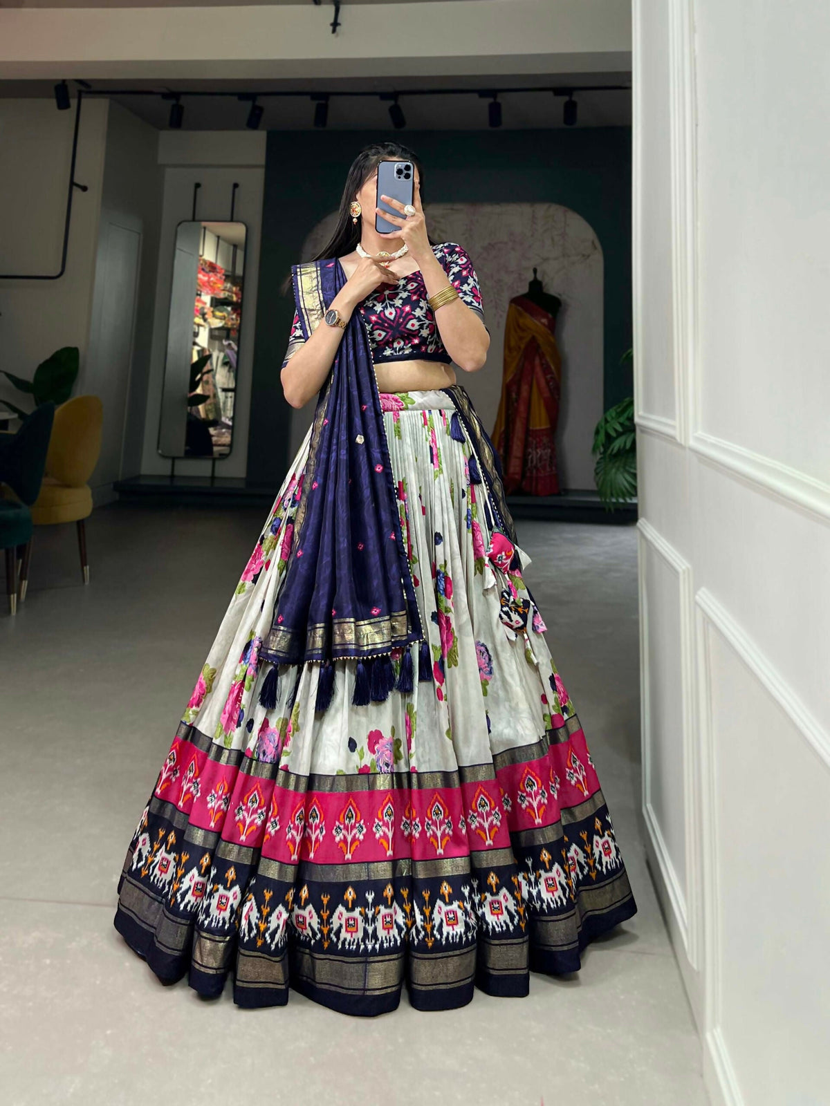 Vastranavya Floral And Patola Print With Foil Work Lehenga with Unstitched Blouse - Navy Blue | Grocsy