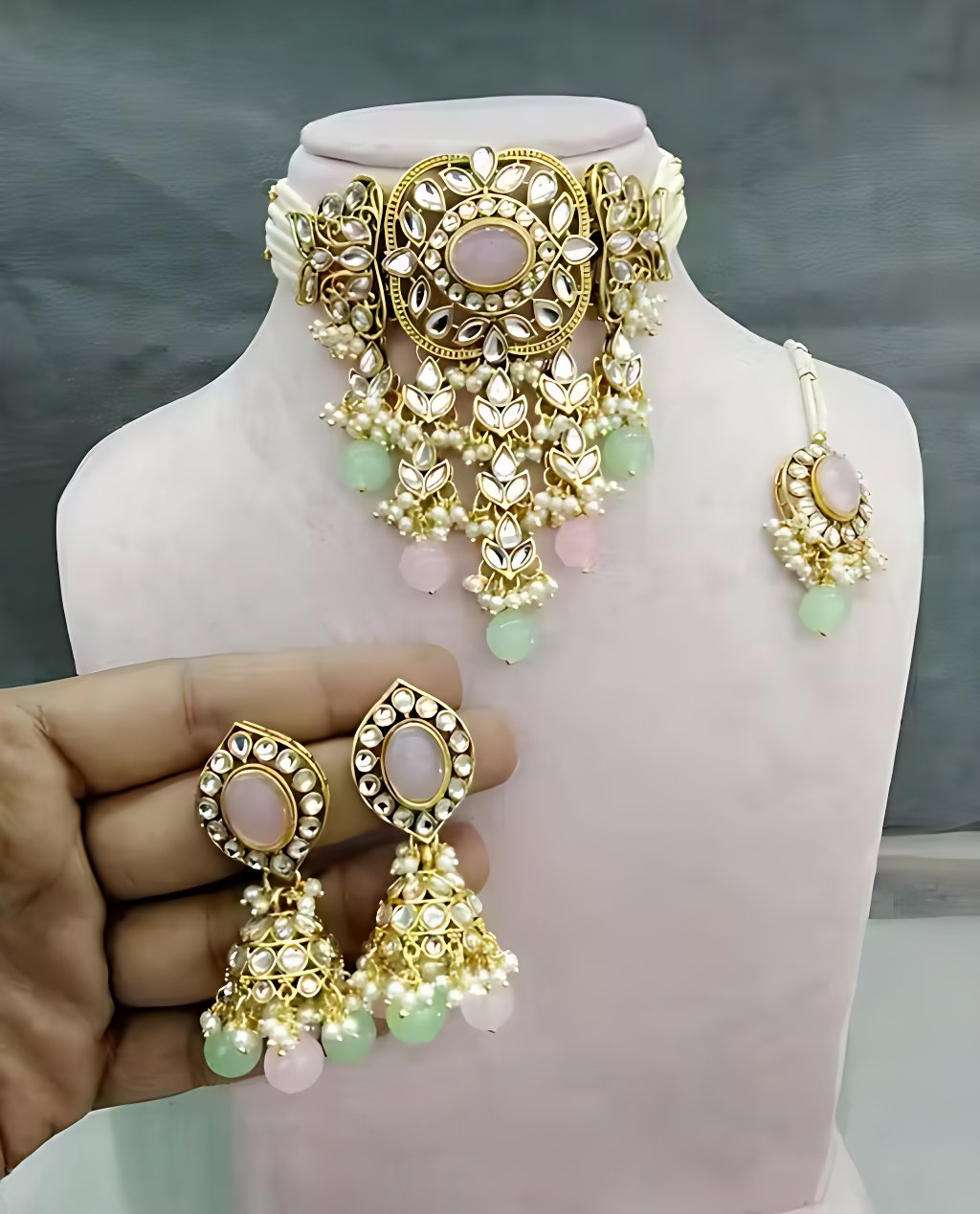 Jewel City Traditional Kundan Beaded Necklace Set for Women Gold-Plated Bridal Choker with Earrings & Tikka Ethnic Indian Jewelry | Grocsy