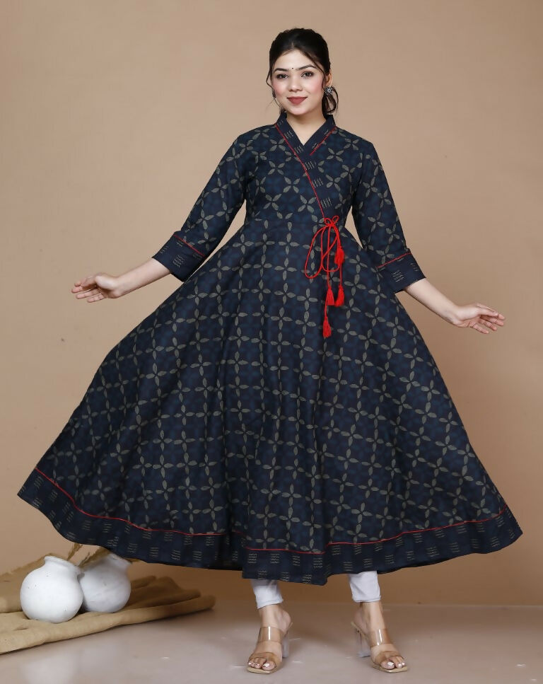 Miravan Women's Abstract Print Ankle Length Angrakha Style Kurta | Grocsy