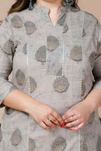 Miravan Women's Plus Size Beige Printed Gota Patti Pure Cotton Kurta With Palazzo | Grocsy
