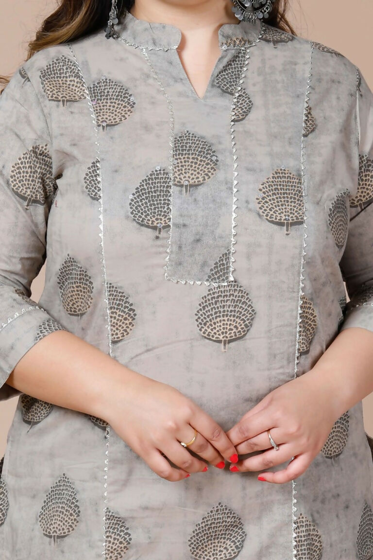 Miravan Women's Plus Size Beige Printed Gota Patti Pure Cotton Kurta With Palazzo | Grocsy