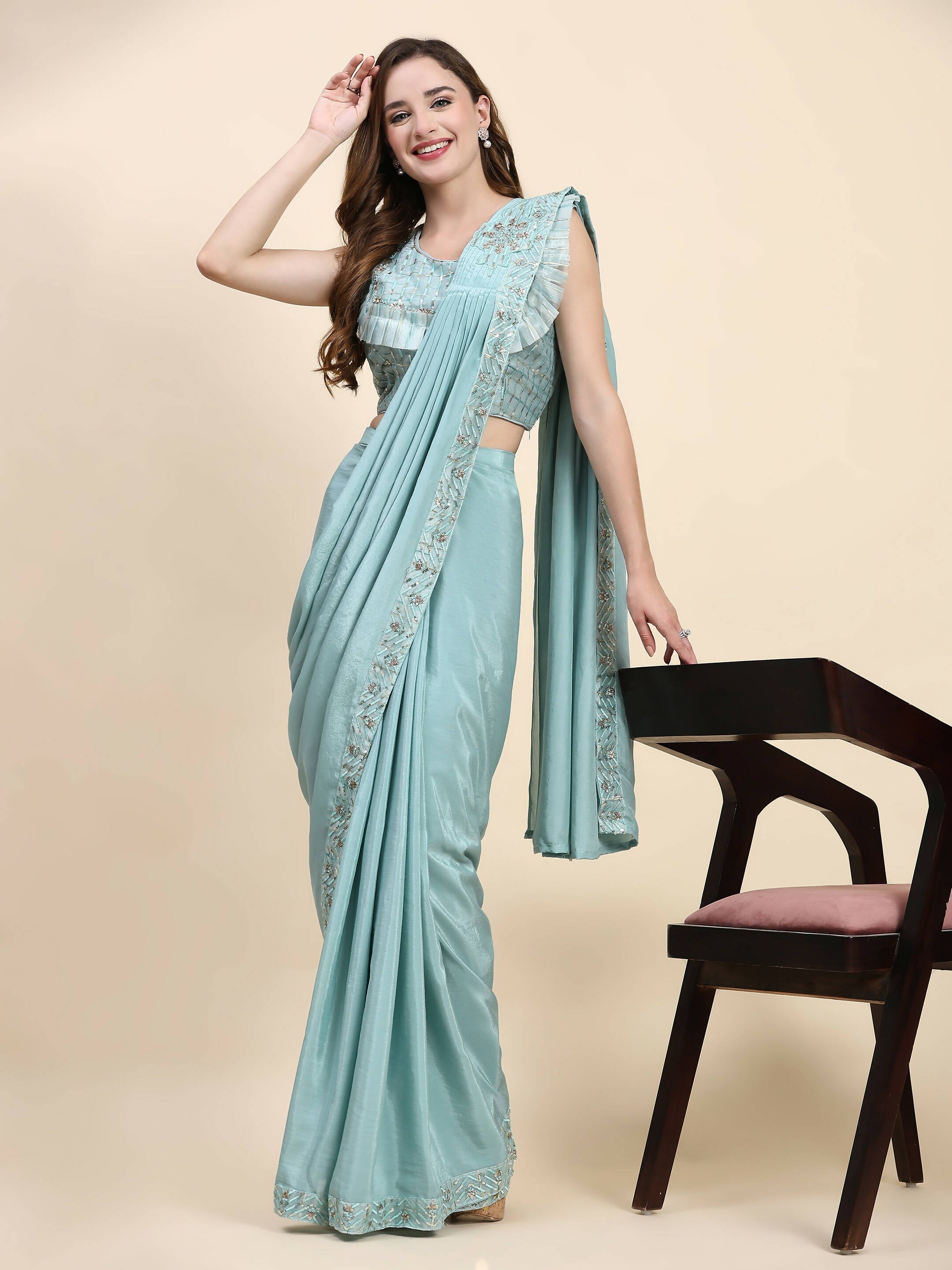 Sky Blue Silk Satin Solid Ready to wear Saree with stitched Blouse - Satiksha | Grocsy