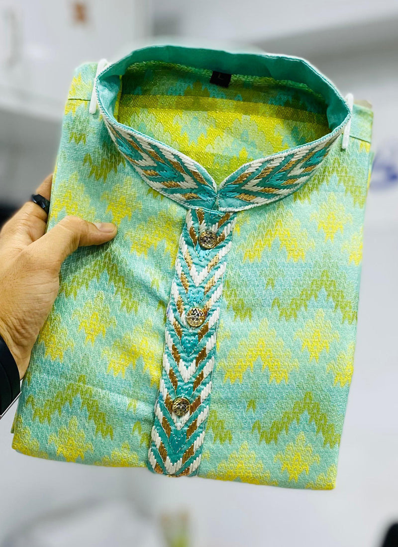 Prazu Fashion Light Green Soft Silk With Heavy Neck Design Kurta | Grocsy