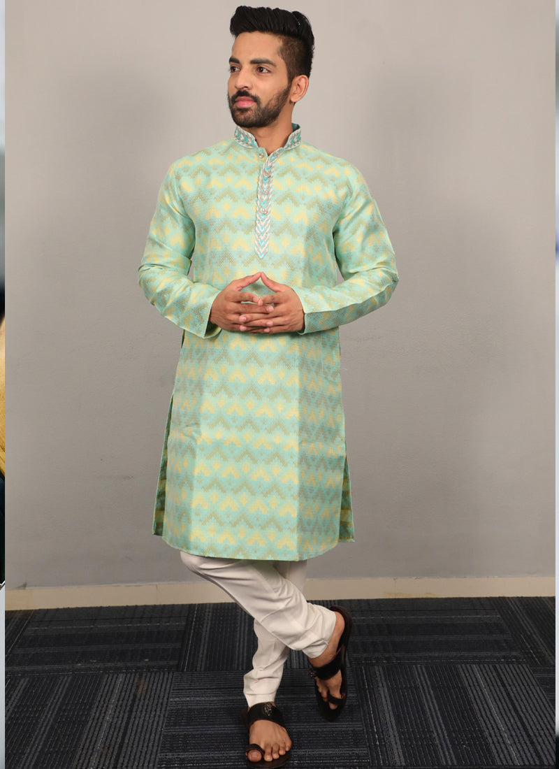 Prazu Fashion Light Green Soft Silk With Heavy Neck Design Kurta | Grocsy