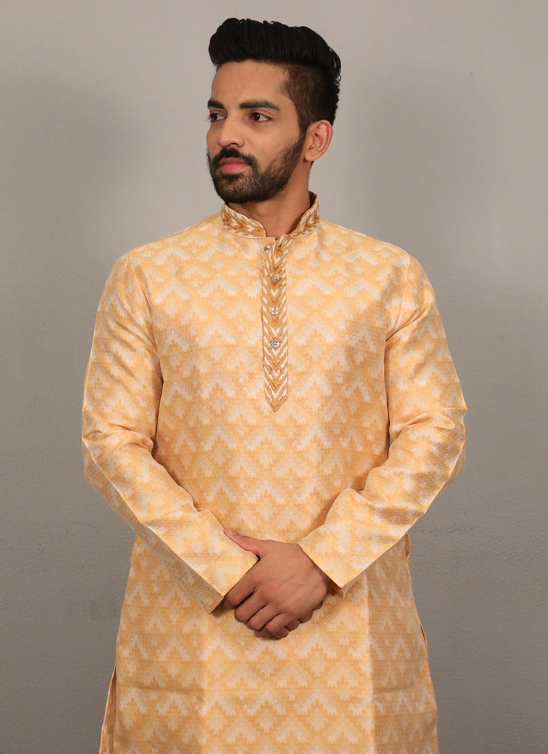 Prazu Fashion Light Yellow Soft Silk With Heavy Neck Design Kurta | Grocsy