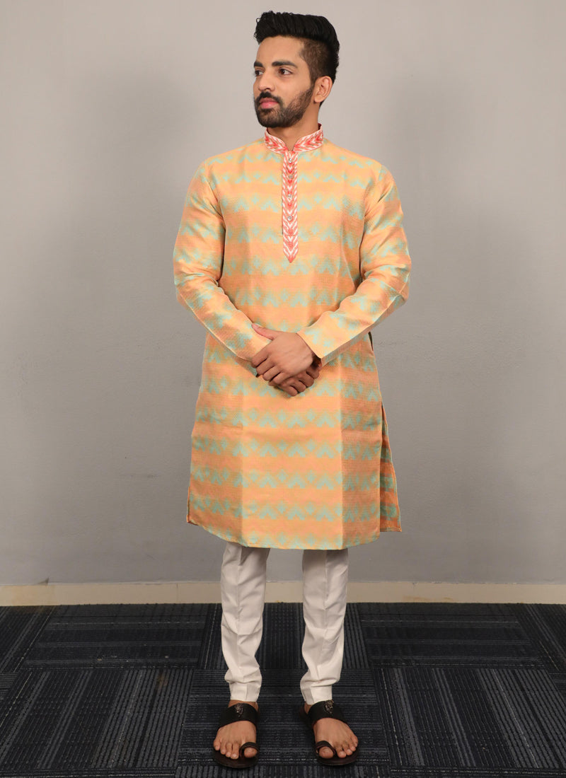 Prazu Fashion Yellow Soft Silk With Heavy Neck Design Kurta | Grocsy