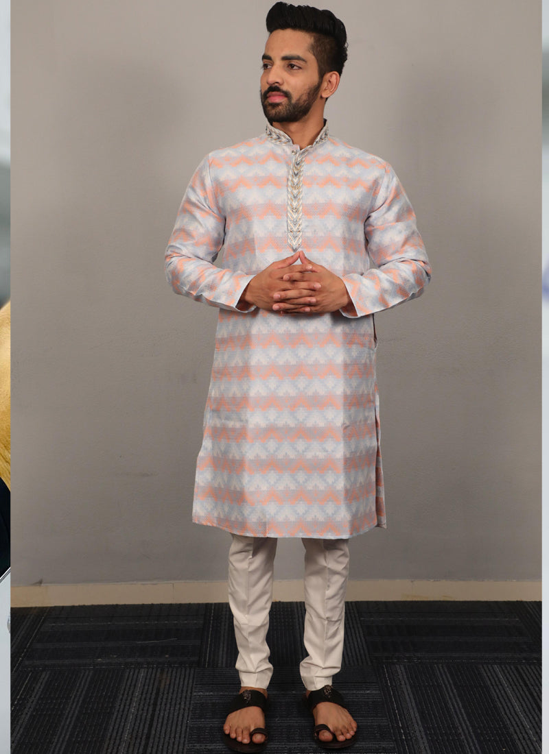Prazu Fashion Sky Blue Soft Silk With Heavy Neck Design Kurta | Grocsy