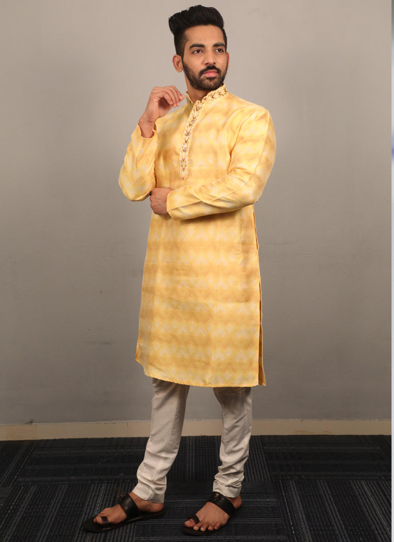 Prazu Fashion Yellow Soft Silk With Heavy Neck Design Kurta | Grocsy