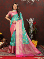 Lorenvalley Fashion Teal Cotton Woven Design Zari Meenakari Weaving Saree | Grocsy