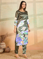 Prazu Fashion Olive Printed Cotton Reyon Kurta Pant Set | Grocsy