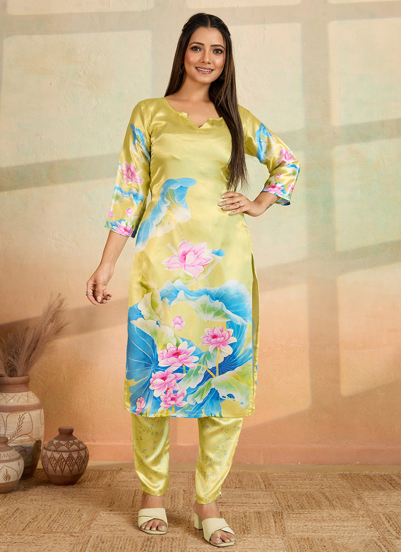Prazu Fashion Light Yellow Printed Cotton Reyon Kurta Pant Set | Grocsy