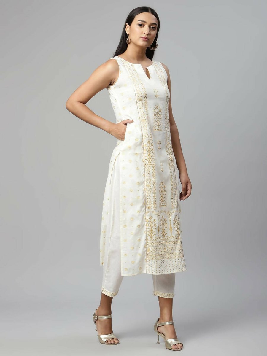 Ahalyaa Womens Off White Pure Cotton Printed Kurta Pant Set | Grocsy