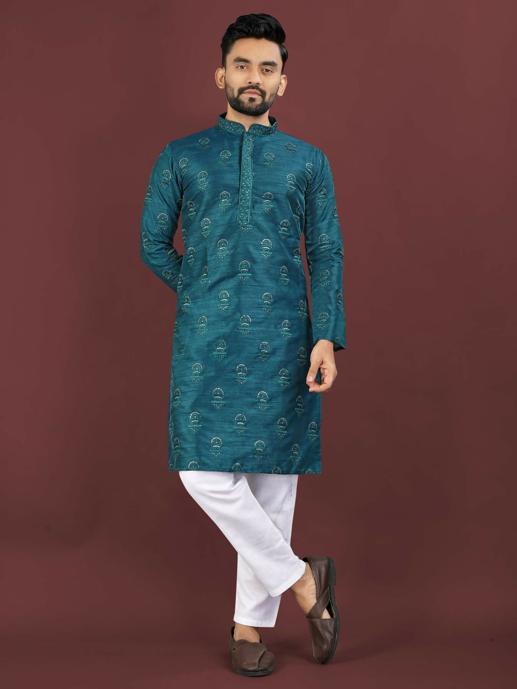 Anaita Teal Embroidered Silk Straight Kurta | Grocsy