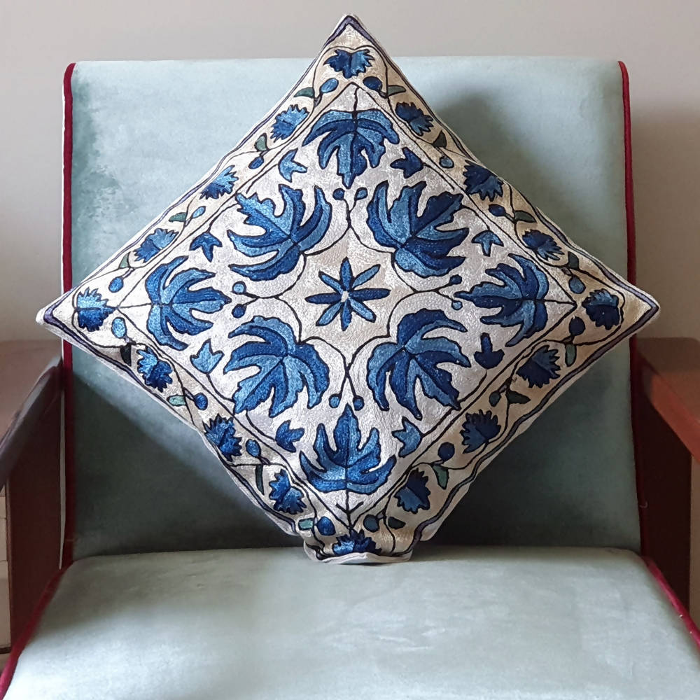 The Decor Nook Hand embroidered Crewel Cushion Covers in Blue Chinar Leaf Motif with Off White Base | Grocsy