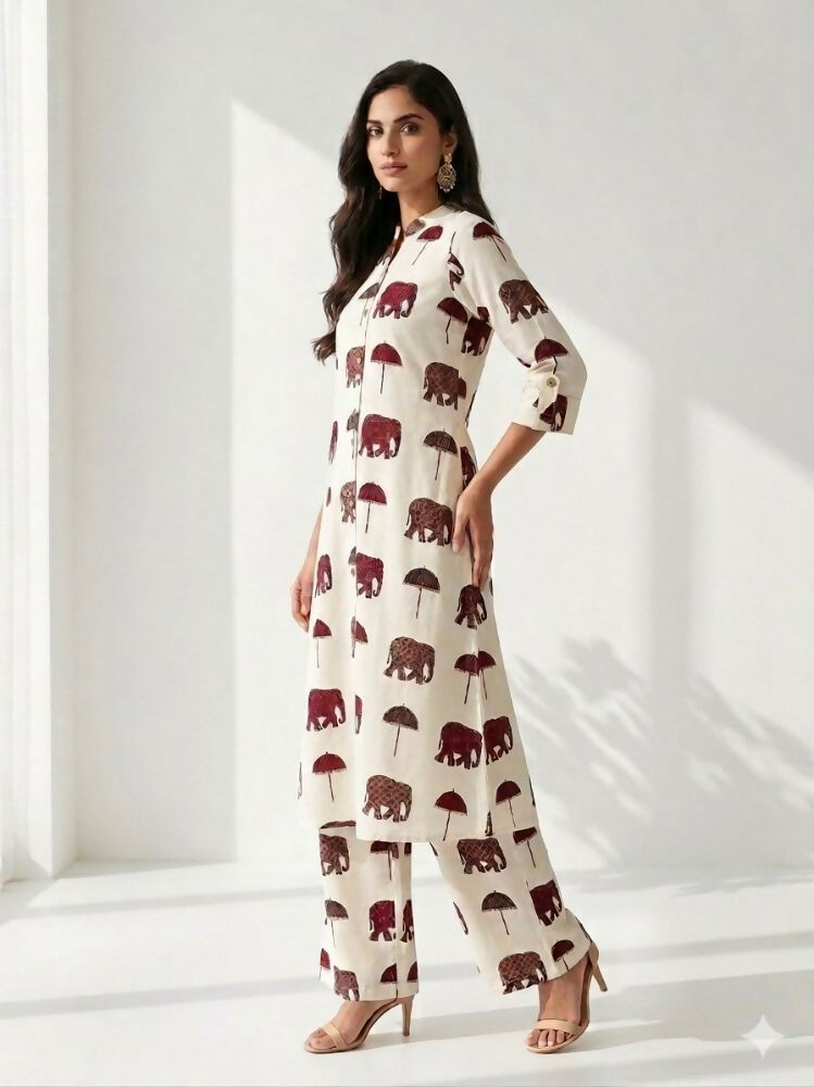Teeya Creation Women New Trendy Off-White & Maroon Red Elephant Print Cotton Kurta with Palazzos | Grocsy