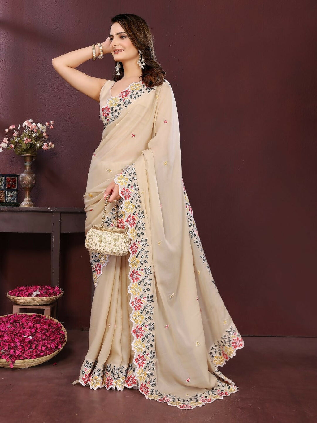 Ai Fashion Peach Soft Star Georgette Embroidery Party Wear Saree | Grocsy