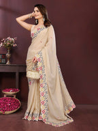 Ai Fashion Peach Soft Star Georgette Embroidery Party Wear Saree | Grocsy