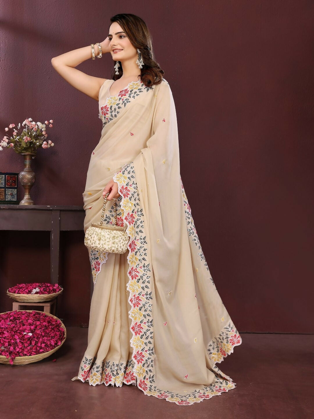 Ai Fashion Peach Soft Star Georgette Embroidery Party Wear Saree | Grocsy