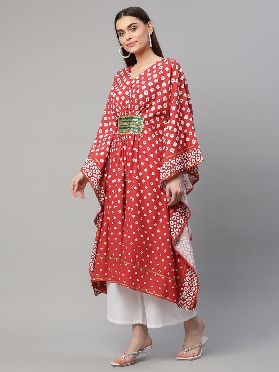 Ahalyaa Women Maroon Crepe Digital Printed Flared Sleeve Kaftan Kurta | Grocsy