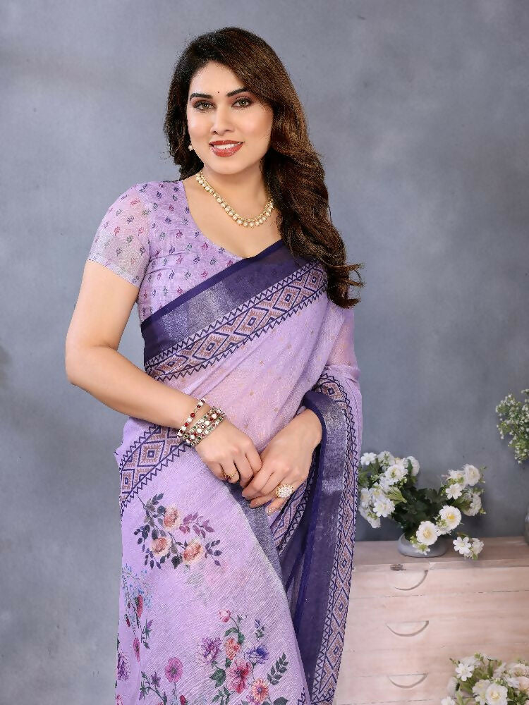 PR Fashion Purple Handloom Linen Cotton Saree | Grocsy