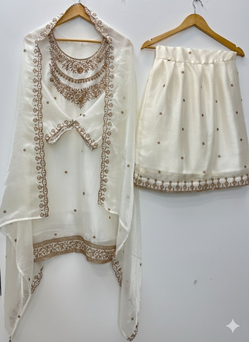 Teeya Creation Cream Color Fendy Satin Silk Heavy Embroidery Work Sharara Suit | Grocsy