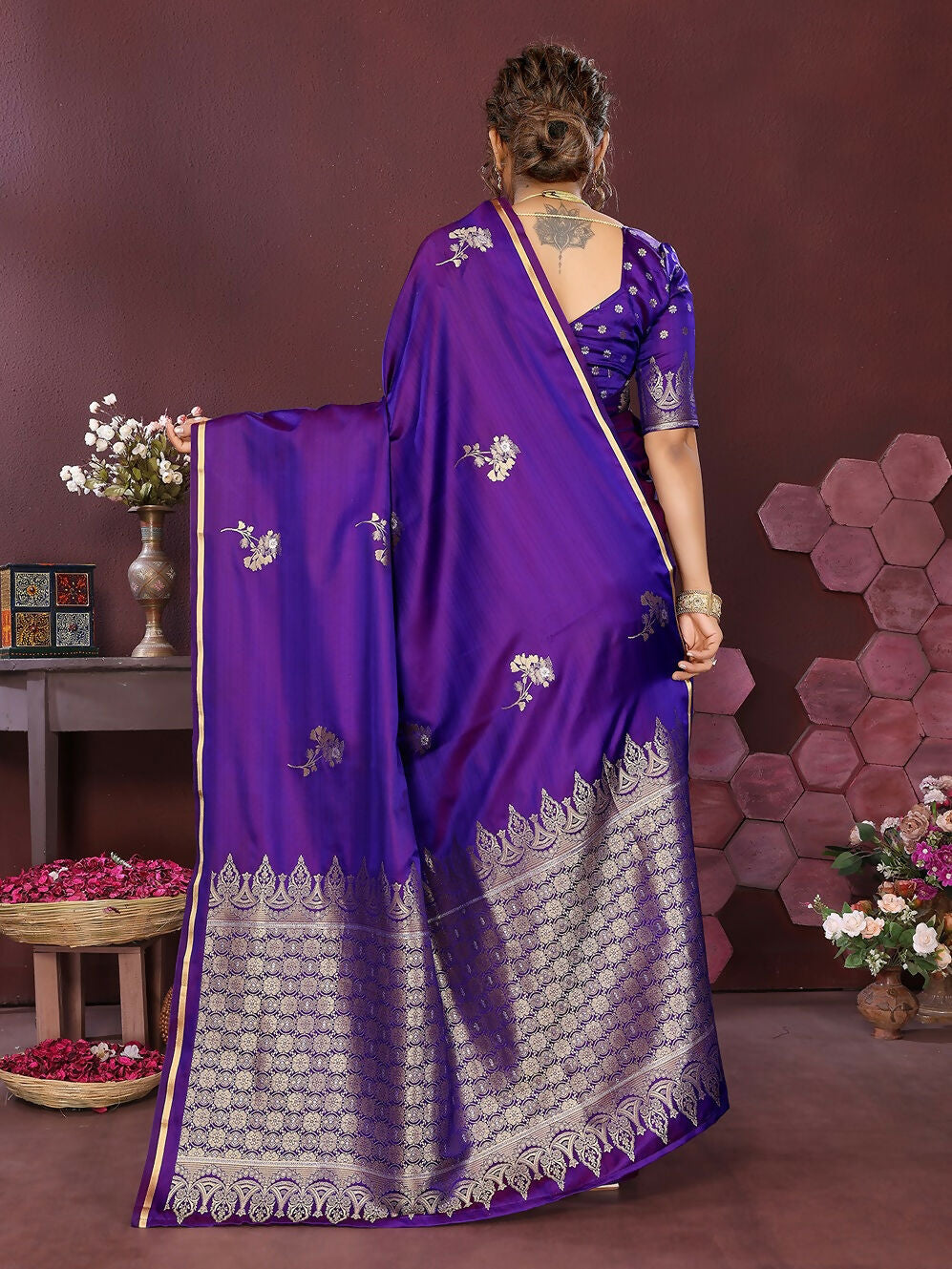 Joban Fashion Rich Purple Floral Banarasi Silk Sarees | Grocsy
