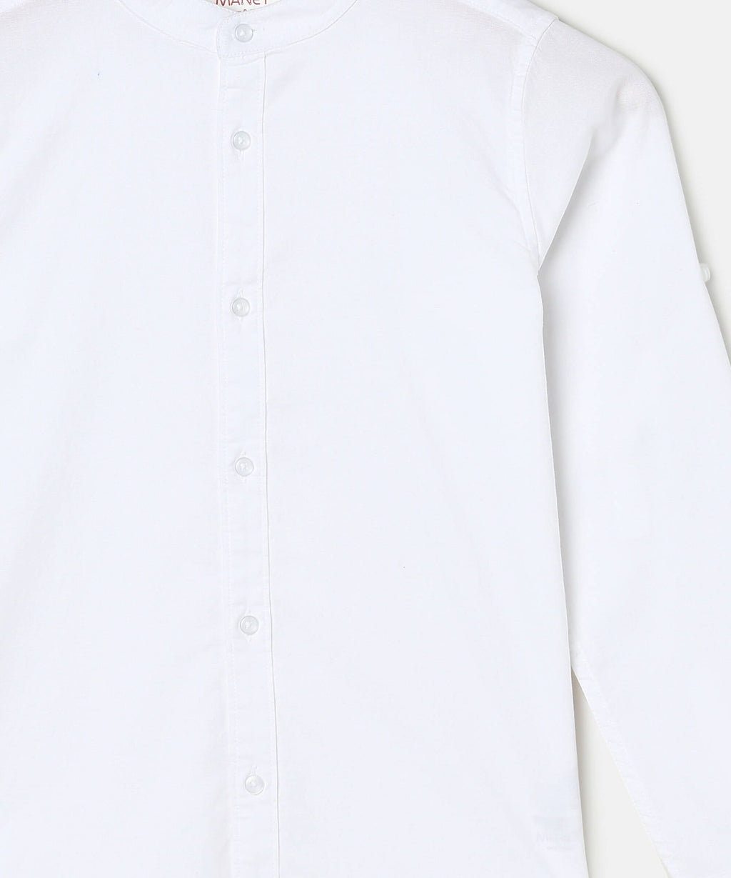 Manet Boys Mandarin Collar Full Sleeves Melange Shirt - White | Grocsy