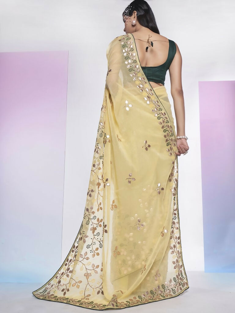 Cream Simmar Heavy Gotta Embroidery Work Saree with Unstitched Blouse - Vandini | Grocsy