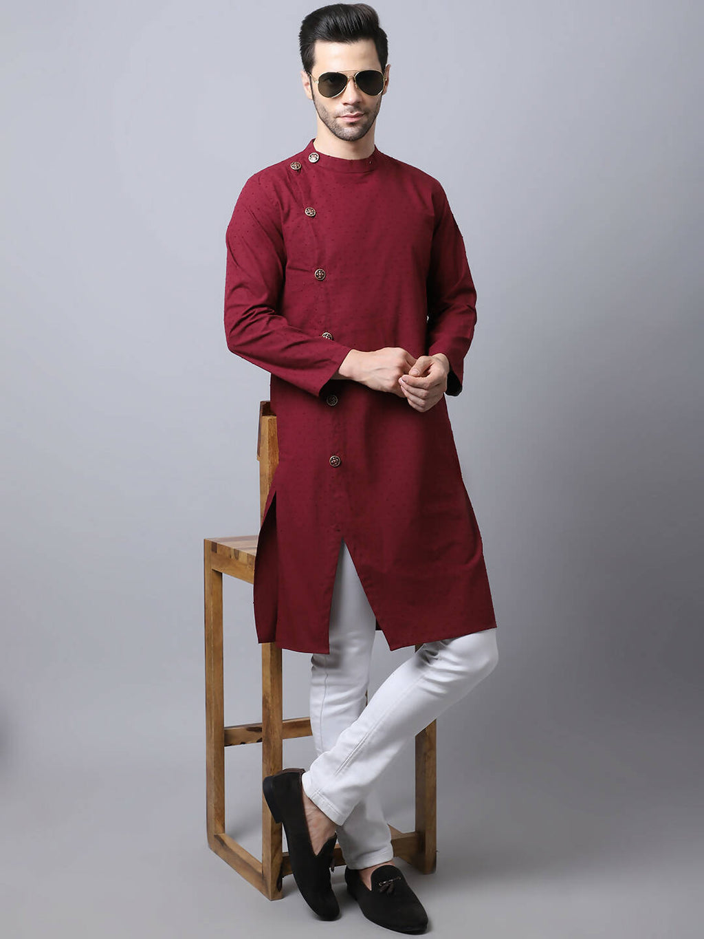 Even Apparels Maroon Pure Cotton Sherwani Men's Kurta With Asymetrical Cut | Grocsy