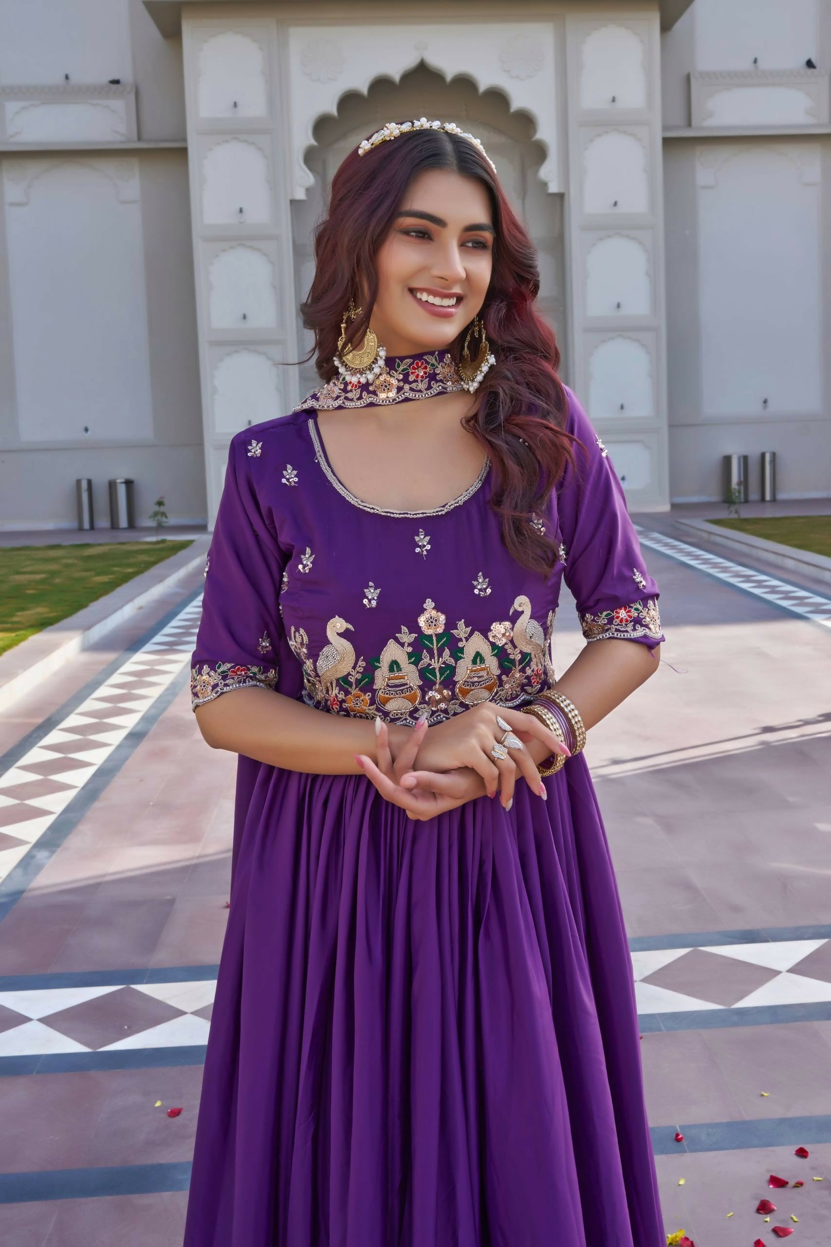 Teeya Creation Womens New Trendy Heavy Cording Sequence & Beads Embroidery Work Purple Gown Set | Grocsy