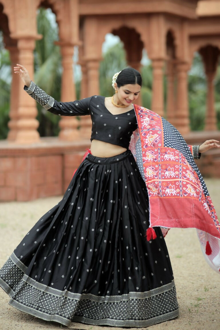 Vastranavya Navaratri Collection Myra Silk Lehenga & Blouse With Maslin Crochet Printed Dupatta Set - Black | Grocsy