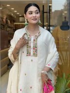 The52 Off White Women's Gorgeous Chinon Fabric Embroidered Work Straight Kurta Pant and Dupatta Set | Grocsy