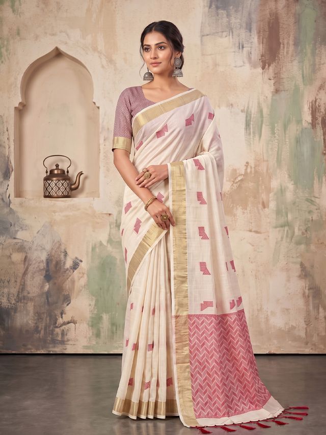 Shree Shyam Fashion Cream Woven Work Linen Fabric Daily Wear Saree With Blouse | Grocsy