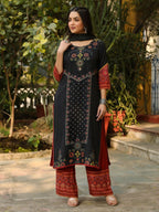 Juniper Black Ethnic Motif Placement Printed Rayon Kurta With Pant And Dupatta With Bead & Sequence Work | Grocsy