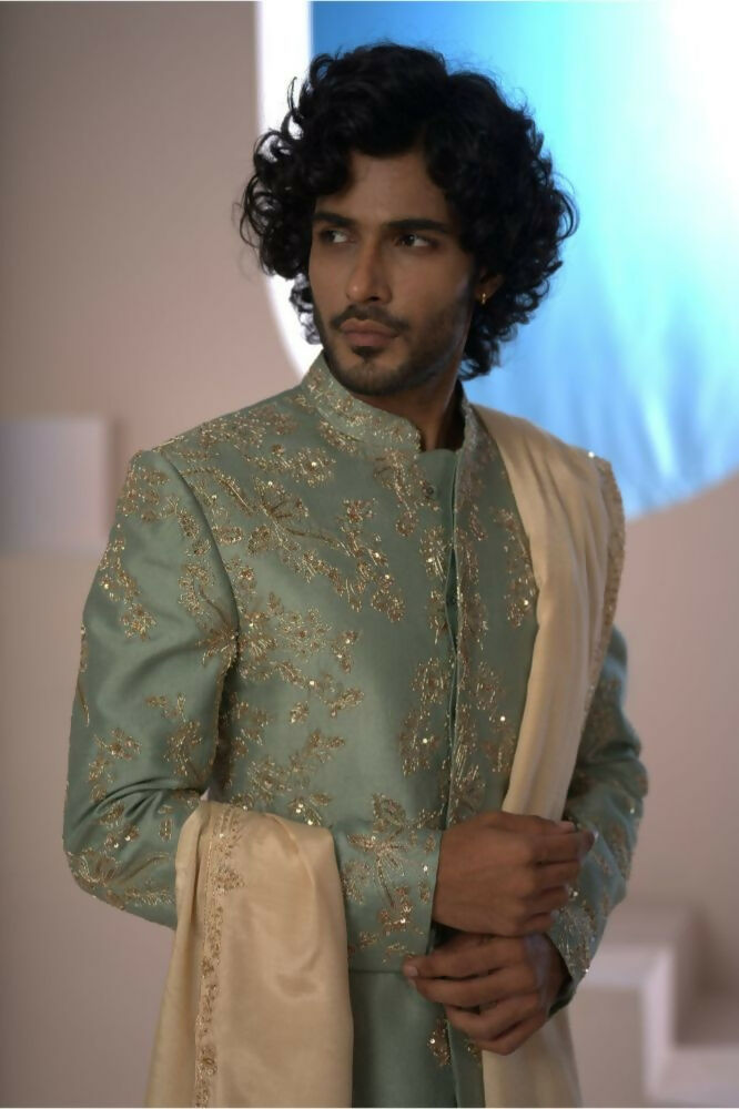 Majestic Mint Green Dupion Silk Sherwani With Satin Dhoti & Santone Dupatta by Hilo Design | Grocsy