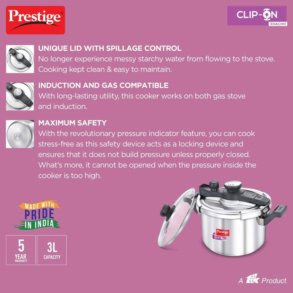 Prestige Stainless Steel Clip On Pressure Cooker | Grocsy