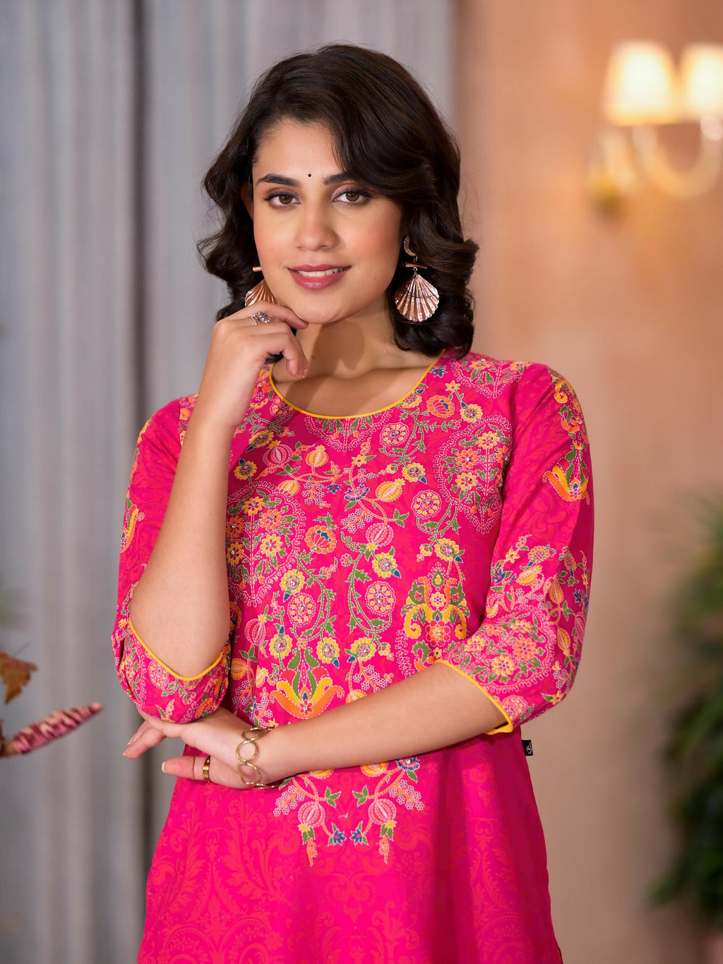 Juniper Women's Pink Thread Embroidered Liva Rayon Kurta Pant And Dupatta Set With Sequins Beads & Lace | Grocsy